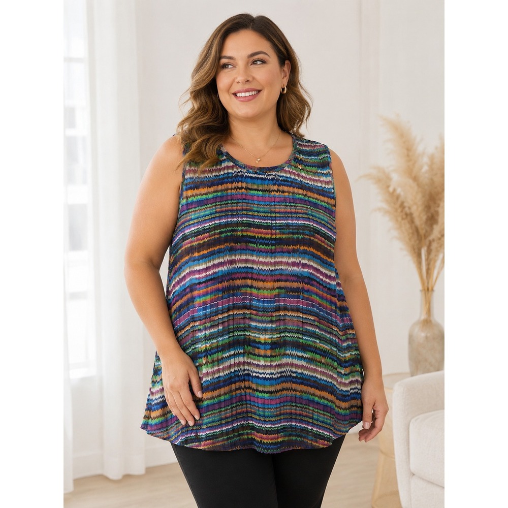 Multicolour Zigzag Women's Pleated Sleeveless Blouse 16 Flowy Artsy Bohemian Y2k